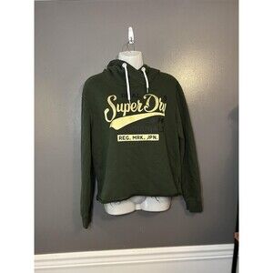 Superdry Hoodie Womens US 8 Green Cropped Fit Originals Pullover Graphic Logo